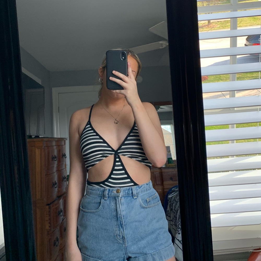 Black and white stripe body suit